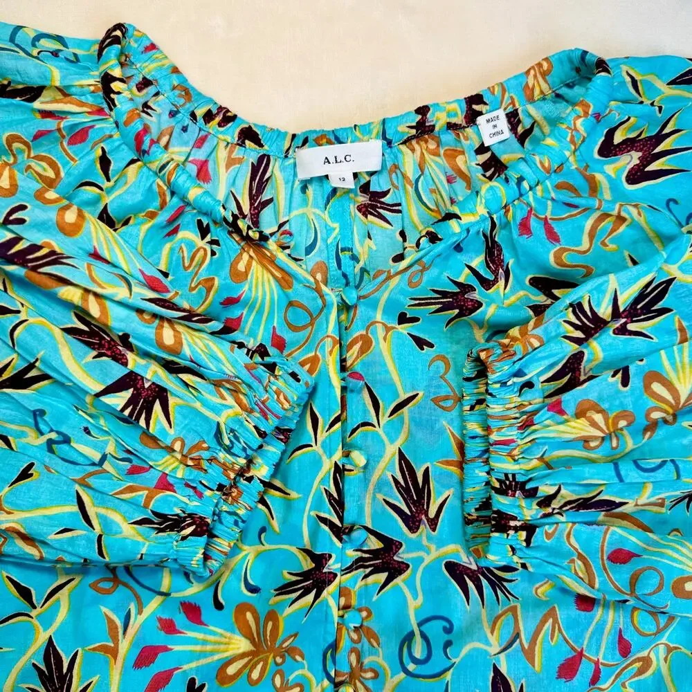 ALC Tropical Cotton Blouse Balloon Sleeve Turquoise 12 Resort Vacation Cruise - Picture 12 of 16